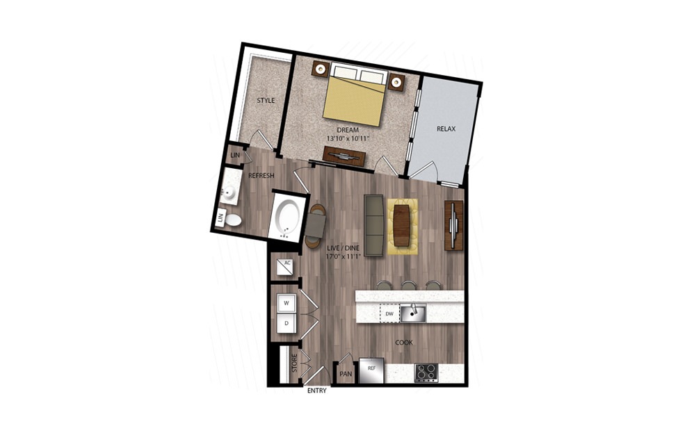 A10 - 1 bedroom floorplan layout with 1 bathroom and 819 square feet A10 - 1 bedroom floorplan layout with 1 bathroom and 819 square feet