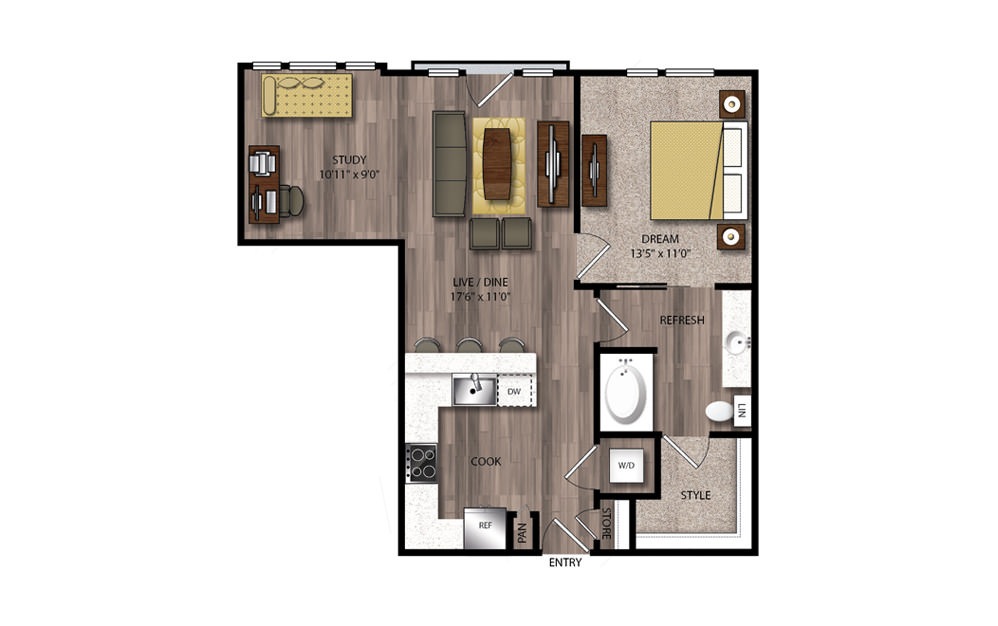 A11 - 1 bedroom floorplan layout with 1 bathroom and 843 square feet A11 - 1 bedroom floorplan layout with 1 bathroom and 843 square feet