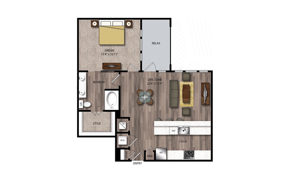A12 - 1 bedroom floorplan layout with 1 bathroom and 928 square feet A12 - 1 bedroom floorplan layout with 1 bathroom and 928 square feet