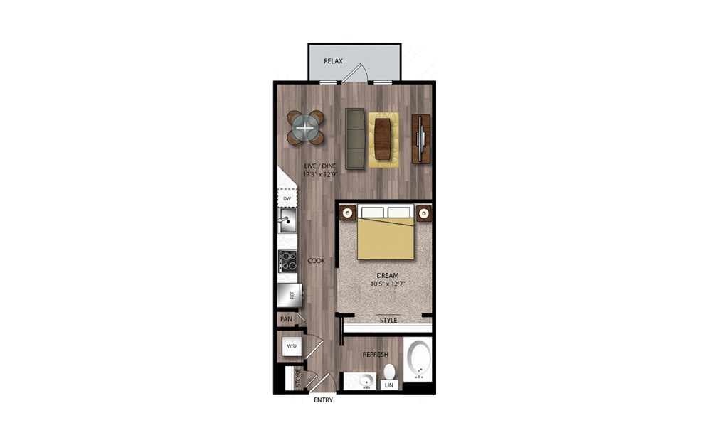 A14 - 1 bedroom floorplan layout with 1 bathroom and 636 square feet A14 - 1 bedroom floorplan layout with 1 bathroom and 636 square feet