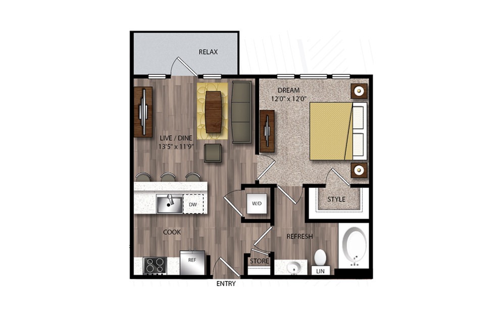 A1 - 1 bedroom floorplan layout with 1 bathroom and 611 square feet A1 - 1 bedroom floorplan layout with 1 bathroom and 611 square feet