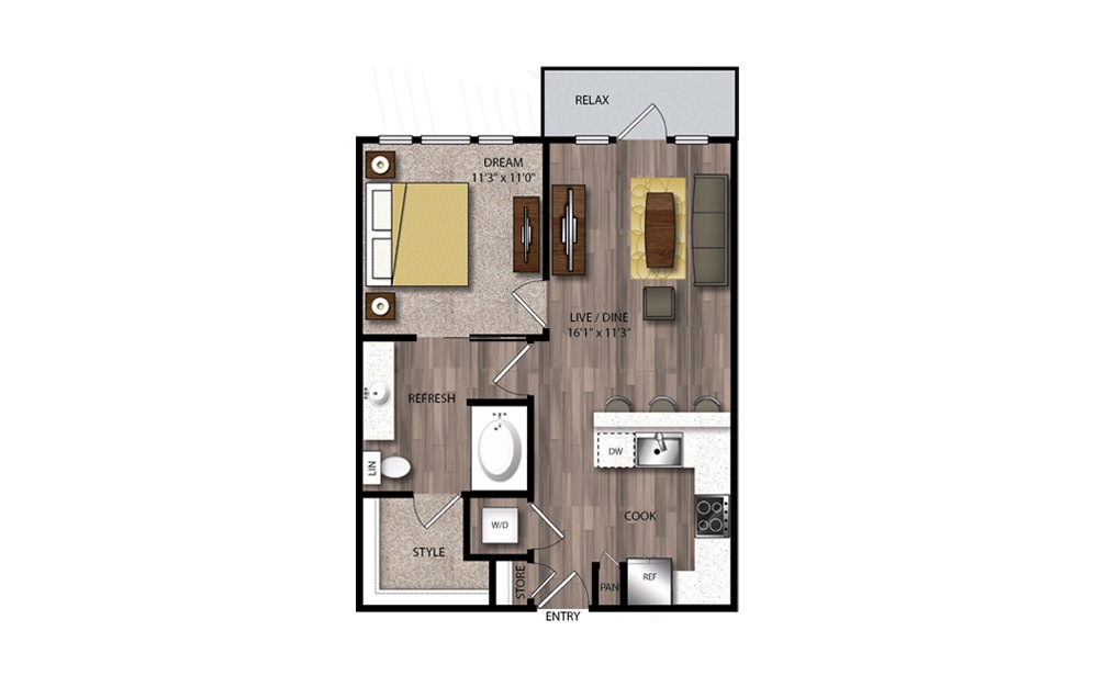 A21 - 1 bedroom floorplan layout with 1 bathroom and 671 square feet A21 - 1 bedroom floorplan layout with 1 bathroom and 671 square feet