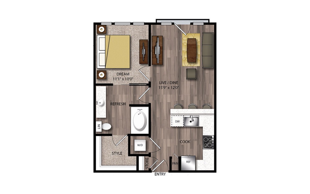 A3 - 1 bedroom floorplan layout with 1 bathroom and 661 square feet A3 - 1 bedroom floorplan layout with 1 bathroom and 661 square feet