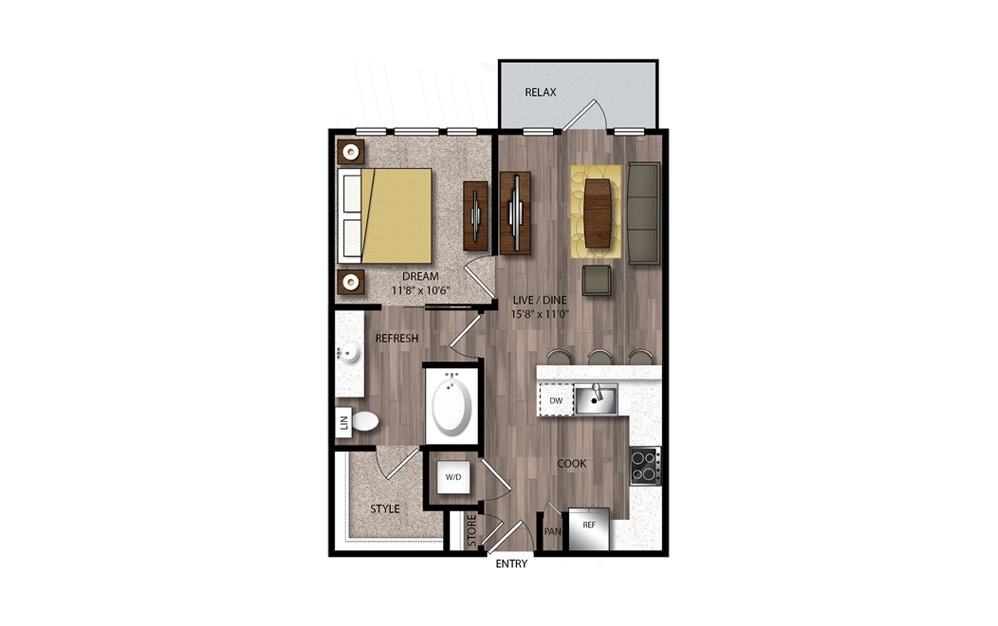 A42 - 1 bedroom floorplan layout with 1 bathroom and 678 square feet A42 - 1 bedroom floorplan layout with 1 bathroom and 678 square feet