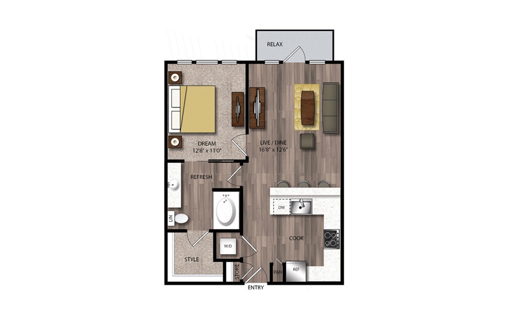 A61 - 1 bedroom floorplan layout with 1 bathroom and 723 square feet A61 - 1 bedroom floorplan layout with 1 bathroom and 723 square feet