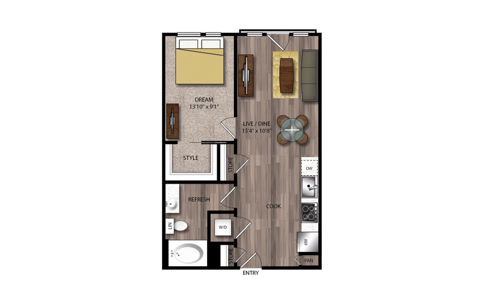 A72 - 1 bedroom floorplan layout with 1 bathroom and 653 square feet A72 - 1 bedroom floorplan layout with 1 bathroom and 653 square feet