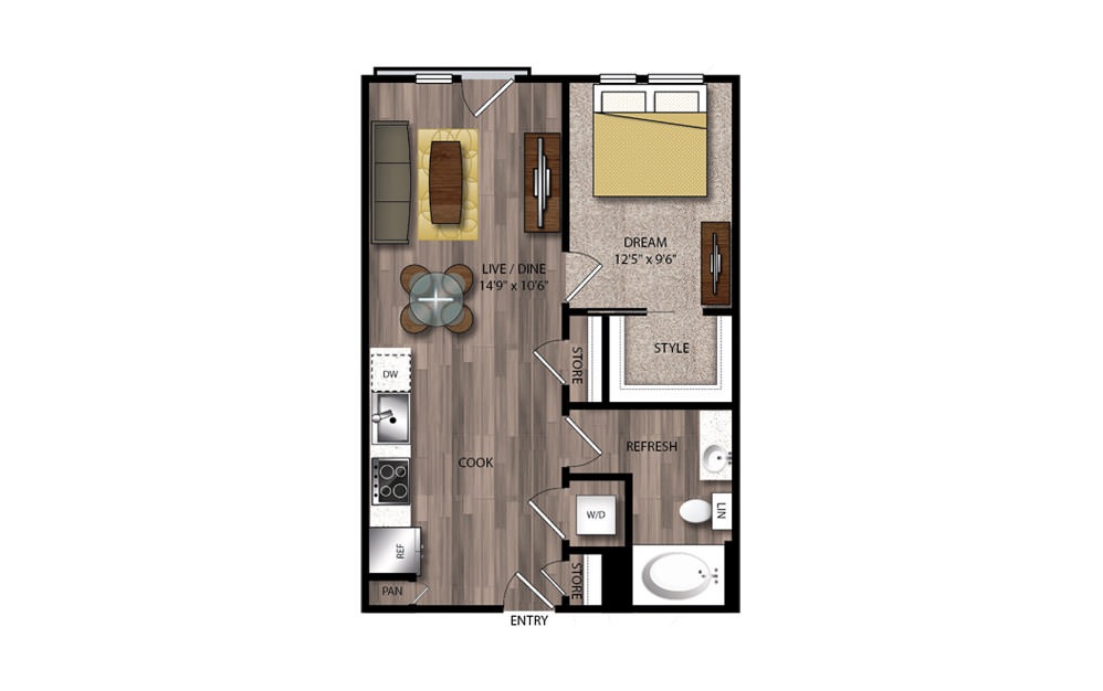 A73 - 1 bedroom floorplan layout with 1 bathroom and 635 square feet A73 - 1 bedroom floorplan layout with 1 bathroom and 635 square feet