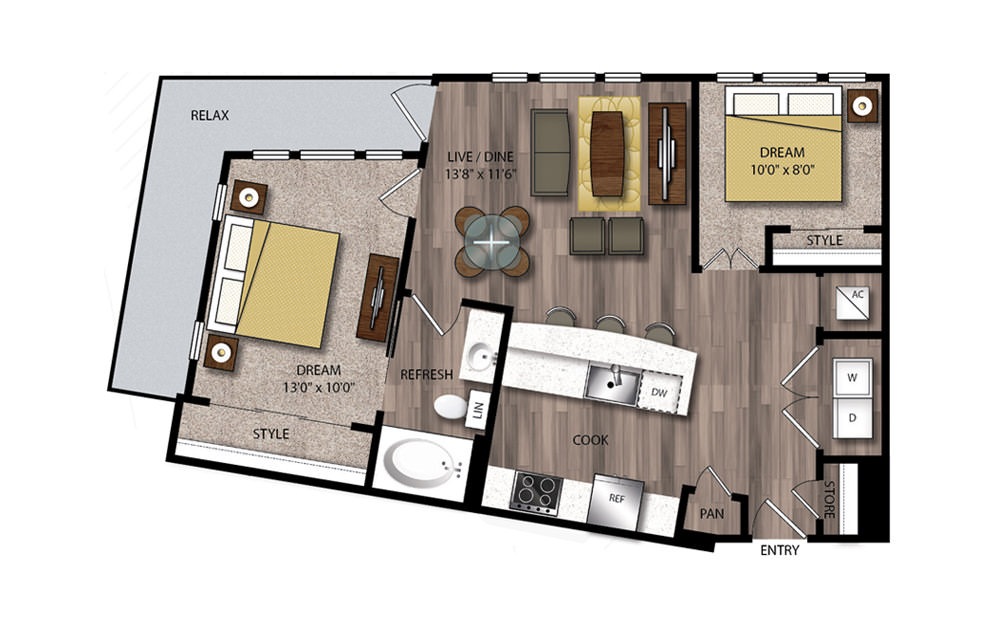 B10 - 2 bedroom floorplan layout with 2 bathrooms and 847 square feet B10 - 2 bedroom floorplan layout with 2 bathrooms and 847 square feet