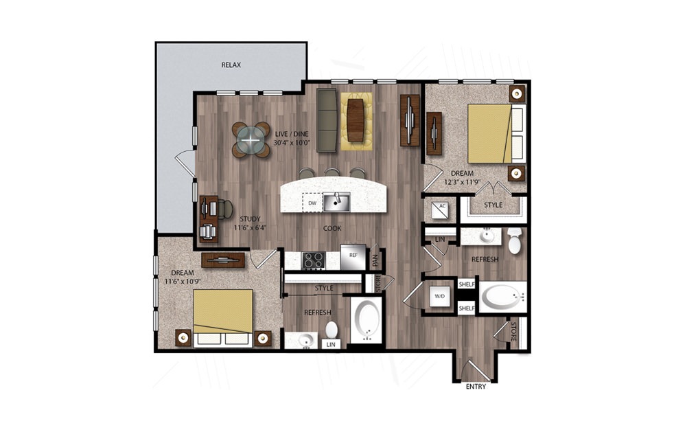 B1 - 2 bedroom floorplan layout with 2 bathrooms and 1104 square feet B1 - 2 bedroom floorplan layout with 2 bathrooms and 1104 square feet