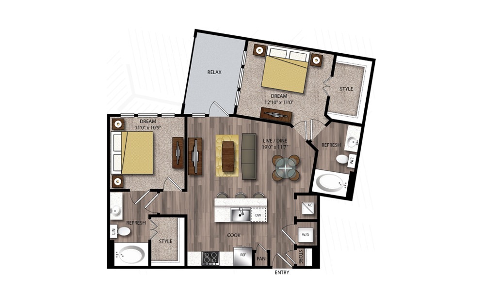B2 - 2 bedroom floorplan layout with 2 bathrooms and 983 square feet B2 - 2 bedroom floorplan layout with 2 bathrooms and 983 square feet