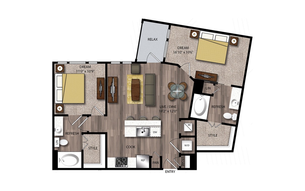 B3 - 2 bedroom floorplan layout with 2 bathrooms and 1005 square feet B3 - 2 bedroom floorplan layout with 2 bathrooms and 1005 square feet