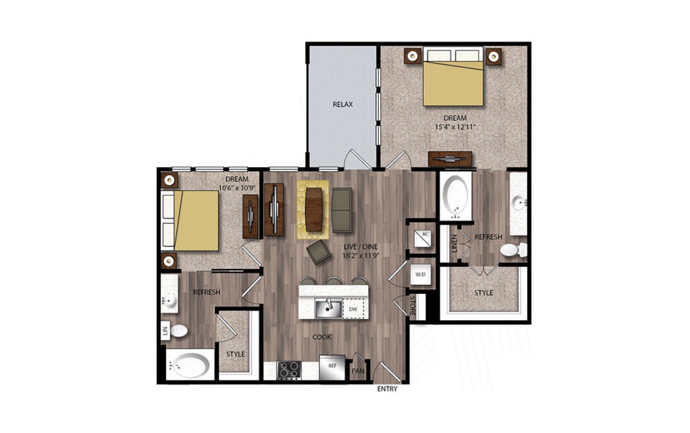 B4 - 2 bedroom floorplan layout with 2 bathrooms and 1032 square feet B4 - 2 bedroom floorplan layout with 2 bathrooms and 1032 square feet