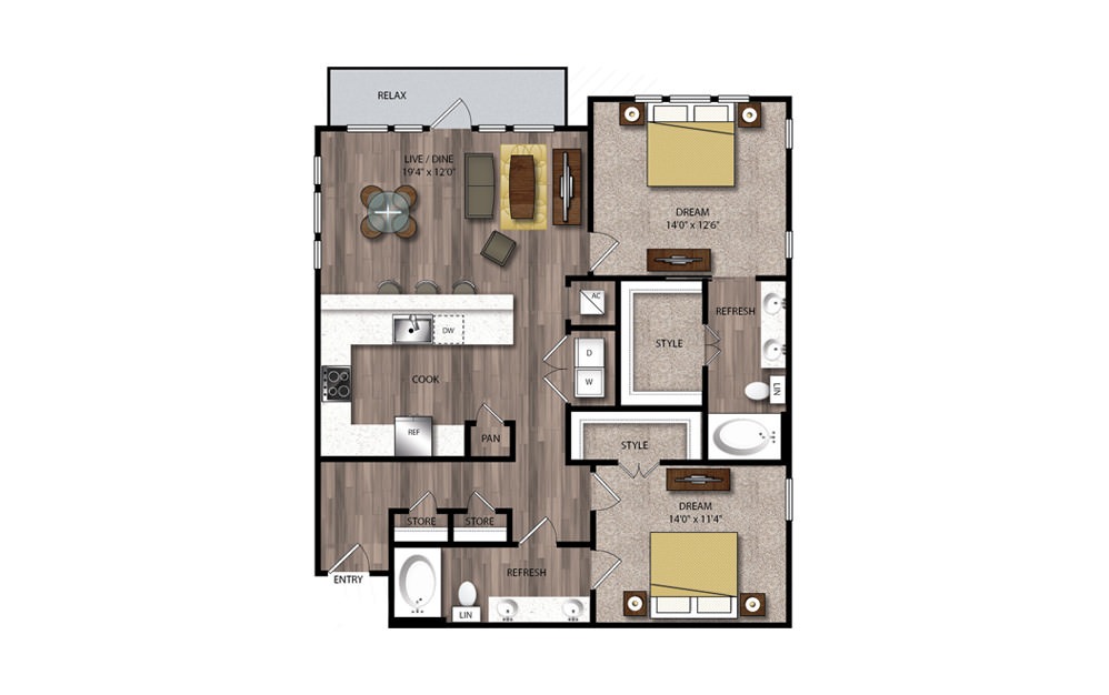 B6 - 2 bedroom floorplan layout with 2 bathrooms and 1270 square feet B6 - 2 bedroom floorplan layout with 2 bathrooms and 1270 square feet