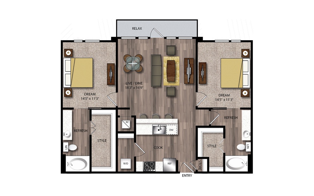 B7 - 2 bedroom floorplan layout with 2 bathrooms and 1199 square feet B7 - 2 bedroom floorplan layout with 2 bathrooms and 1199 square feet