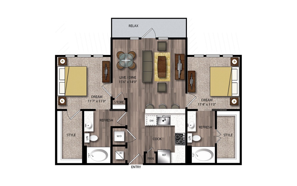 B8 - 2 bedroom floorplan layout with 2 bathrooms and 1002 square feet B8 - 2 bedroom floorplan layout with 2 bathrooms and 1002 square feet