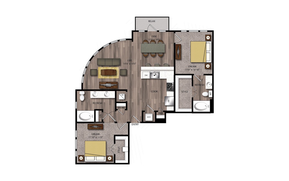 B9 - 2 bedroom floorplan layout with 2 bathrooms and 1185 square feet B9 - 2 bedroom floorplan layout with 2 bathrooms and 1185 square feet