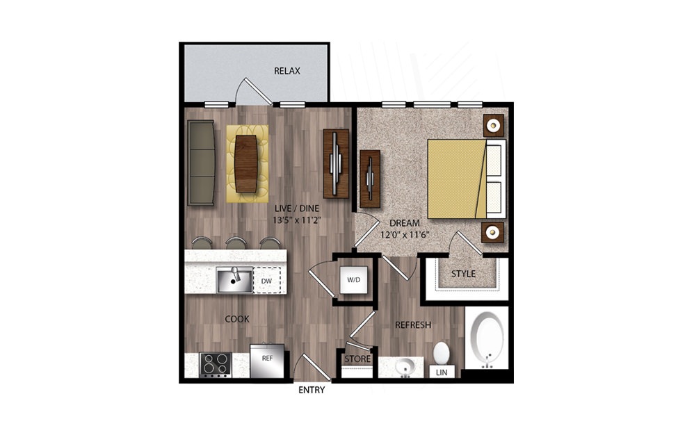 PA1 - 1 bedroom floorplan layout with 1 bathroom and 597 square feet PA1 - 1 bedroom floorplan layout with 1 bathroom and 597 square feet