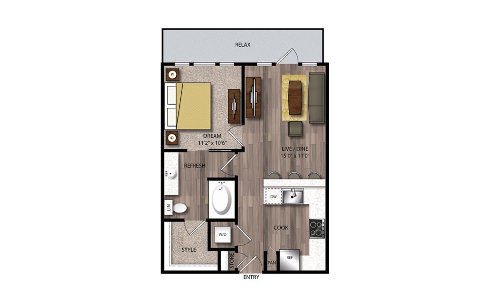 PA4 - 1 bedroom floorplan layout with 1 bathroom and 643 square feet