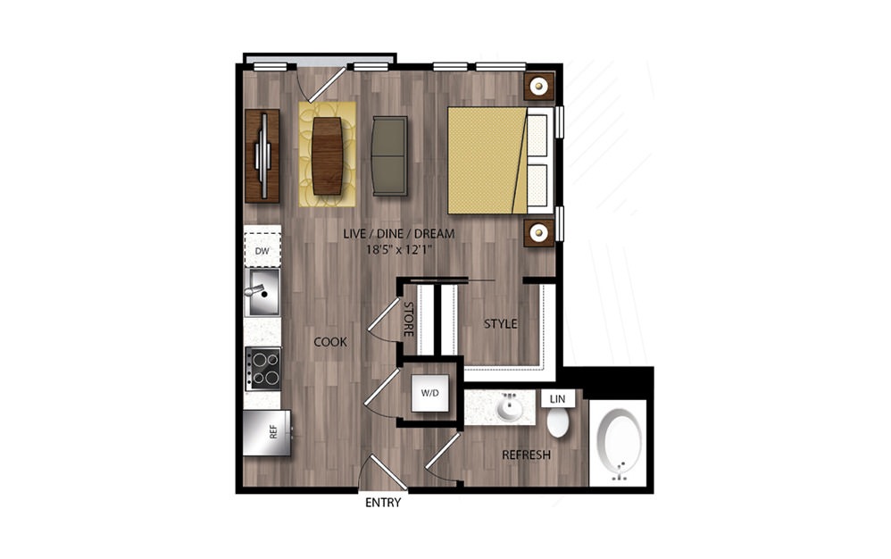 S1 - Studio floorplan layout with 1 bathroom and 530 square feet