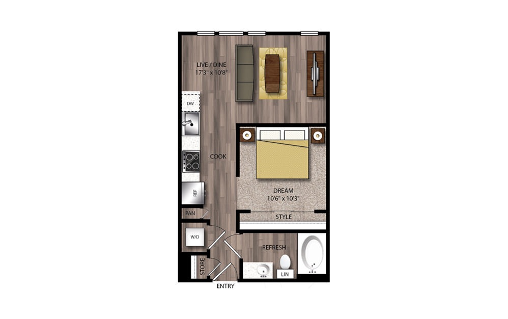 S2 - Studio floorplan layout with 1 bathroom and 545 square feet S2 - Studio floorplan layout with 1 bathroom and 545 square feet